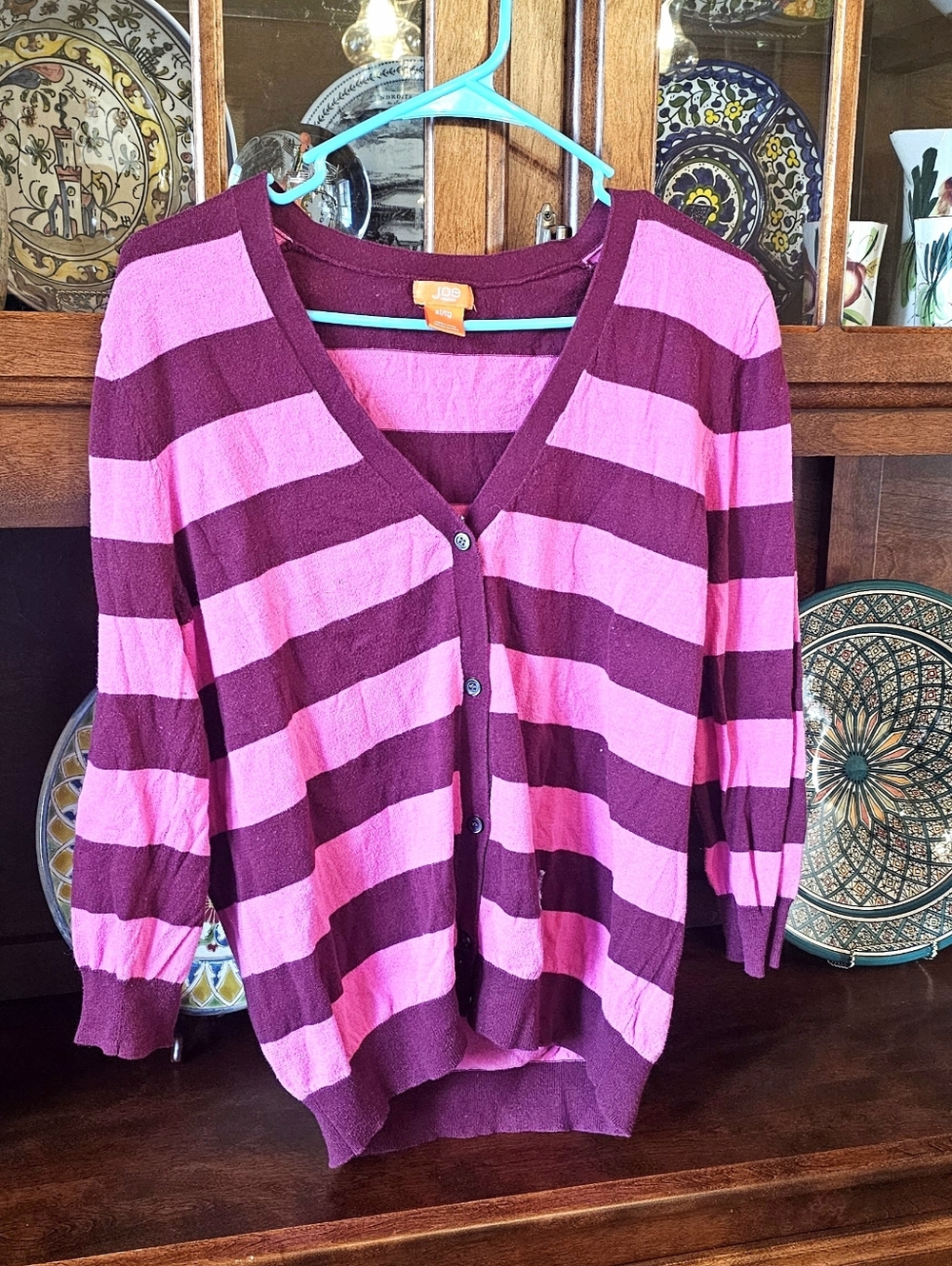 Women's V-Neck Joe Fresh Striped Button-Front Cardigan - Pink/Burgundy Size XL